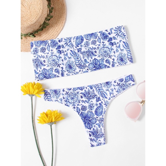 blue and white floral swimsuit